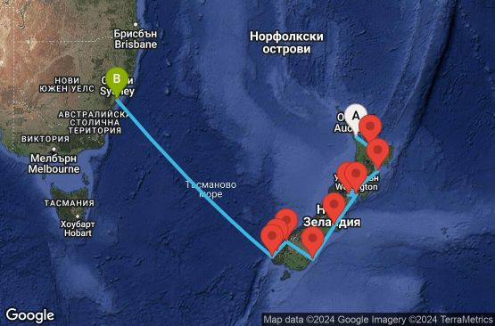 Маршрут на круиз 13 дни Нова Зеландия, Австралия - 13K062