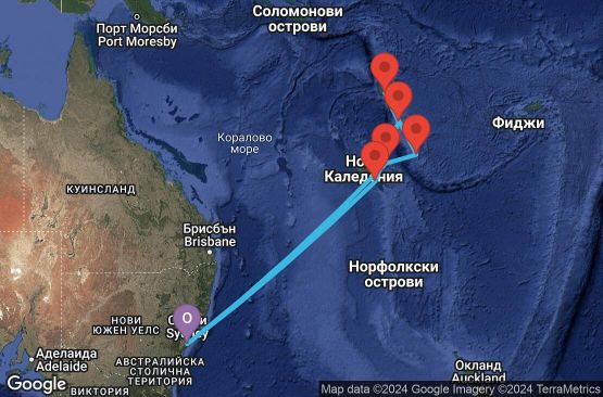 Маршрут на круиз 12 дни Австралия, Нова Каледония, Вануату - 12K189