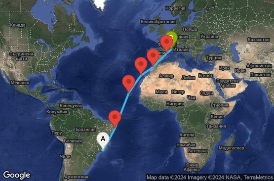 Маршрут на круиз 16 дни Бразилия, Кабо Верде, Испания, Мароко, Франция - RIO16A0H