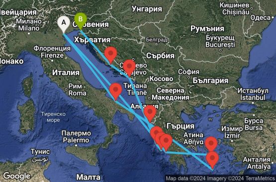 Маршрут на круиз 14 дни Италия, Гърция, Хърватска - PMA14A1B