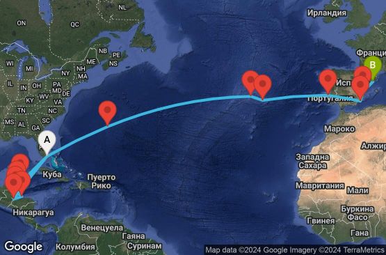 Маршрут на круиз 25 дни САЩ, Гватемала, Хондурас, Белиз, Мексико, Бермудските острови, Португалия, Испания - EX20250324MIABCN