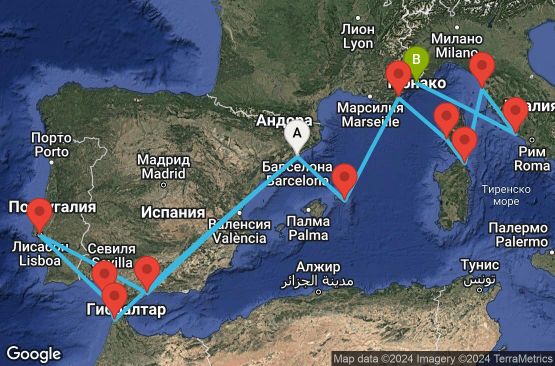 Маршрут на круиз 17 дни Испания, Португалия, Мароко, Франция, Италия, Монако - EP20250504BCNMCM
