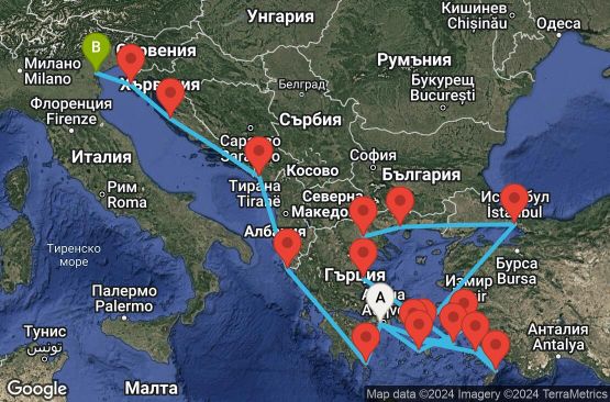 Маршрут на круиз 21 дни Гърция, Турция, Черна гора, Хърватска, Италия - EX20250524PIRFSA