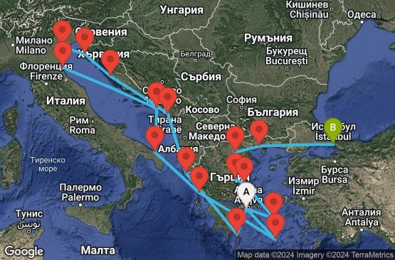 Маршрут на круиз 21 дни Гърция, Черна гора, Хърватска, Италия, Турция - EX20250607PIRIST