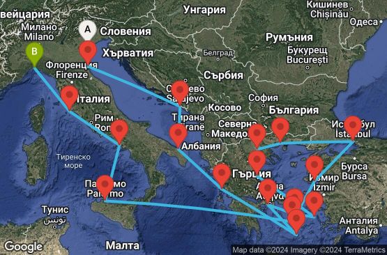 Маршрут на круиз 21 дни Италия, Хърватска, Гърция, Турция - EX20250712FSAGOA