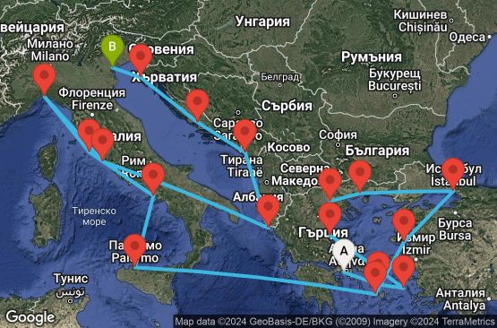 Маршрут на круиз 21 дни Гърция, Турция, Италия, Черна гора, Хърватска - EX20250719PIRFSA