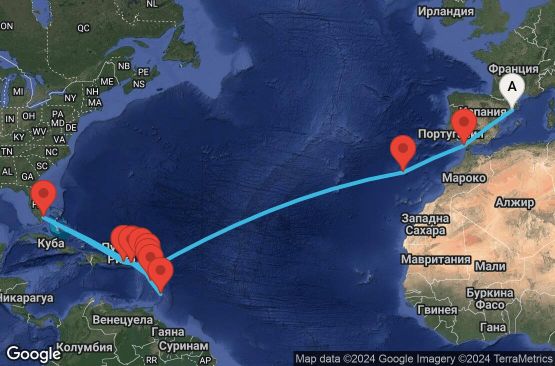 Маршрут на круиз 24 дни Испания, Португалия, Антигуа и Барбуда, Британски вирджински острови, Пуерто Рико, САЩ, Вирджински острови на САЩ, Гваделупа, Барбадос, Доминика, Холандски Антили - EX20251027BCNSJ1