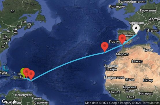 Маршрут на круиз 13 дни Испания, Португалия, Антигуа и Барбуда, Британски вирджински острови, Пуерто Рико - EX20251027BCNSJU