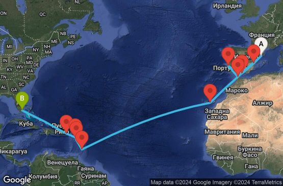Маршрут на круиз 26 дни Испания, Мароко, Португалия, Барбадос, Гваделупа, Антигуа и Барбуда, Вирджински острови на САЩ, САЩ - EP20251102BCNMIA