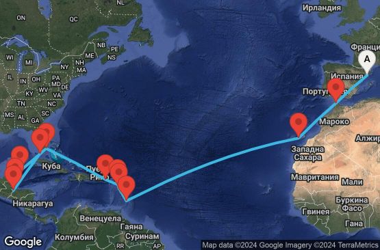 Маршрут на круиз 24 дни Испания, Мароко, Барбадос, Гваделупа, Антигуа и Барбуда, Вирджински острови на САЩ, САЩ, Мексико, Белиз, Гватемала - EP20251111BCNMI1