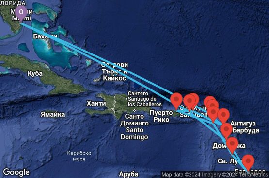 Маршрут на круиз 15 дни САЩ, Вирджински острови на САЩ, Гваделупа, Барбадос, Мартиника, Сейнт Китс и Невис, Пуерто Рико, Британски вирджински острови, Антигуа и Барбуда, Сен Бертелеми, Ангуила - EX20251127MIAMIA