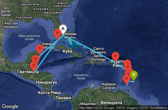 Маршрут на круиз 16 дни САЩ, Мексико, Белиз, Гватемала, Вирджински острови на САЩ, Гваделупа, Доминика, Сейнт Лусия, Гренада, Сейнт Винсент и Гренадини, Барбадос - EP20251128MIABGI