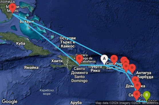 Маршрут на круиз 16 дни Пуерто Рико, Британски вирджински острови, Антигуа и Барбуда, Сен Бертелеми, Ангуила, САЩ, Доминиканска република, Сейнт Китс и Невис, Мартиника, Доминика, Сейнт Винсент и Гренадини, Барбадос - EX20251205SJUBGI