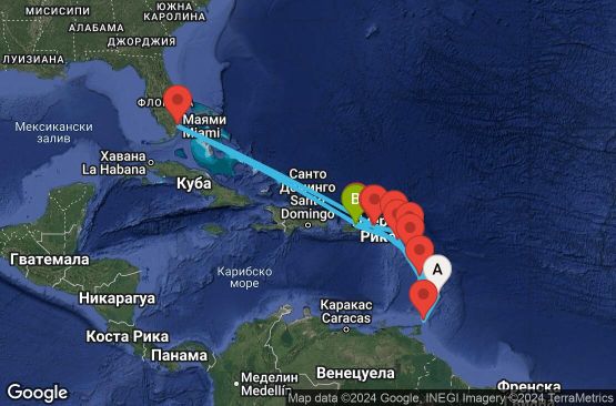 Маршрут на круиз 16 дни Барбадос, Тринидад и Тобаго, Мартиника, Антигуа и Барбуда, Холандски Антили, Британски вирджински острови, САЩ, Пуерто Рико, Гваделупа, Сейнт Китс и Невис - EX20251221BGISJU