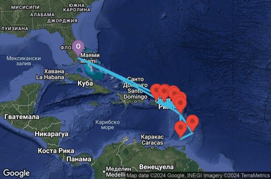 Маршрут на круиз 15 дни САЩ, Вирджински острови на САЩ, Гваделупа, Гренада, Барбадос, Монсерат, Пуерто Рико, Сен Бертелеми, Британски вирджински острови, Антигуа и Барбуда, Ангуила - EX20260113MIAMIA