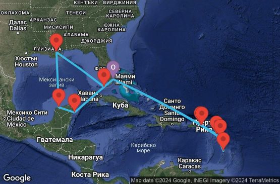 Маршрут на круиз 20 дни САЩ, Вирджински острови на САЩ, Гваделупа, Сейнт Лусия, Монсерат, Мексико - EP20260204MIAMI1
