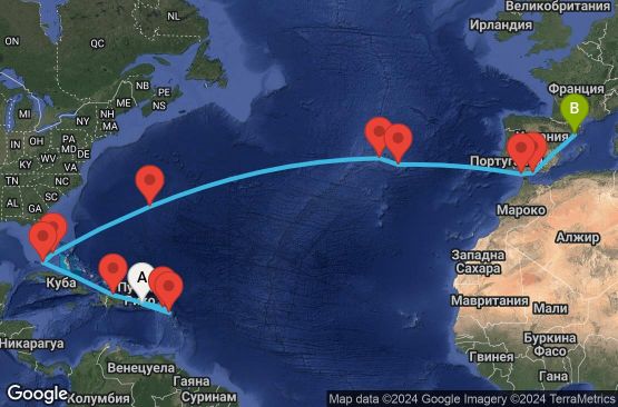 Маршрут на круиз 23 дни Пуерто Рико, Антигуа и Барбуда, Сен Бертелеми, Доминиканска република, САЩ, Бермудските острови, Португалия, Испания - EP20260402SJUBCN