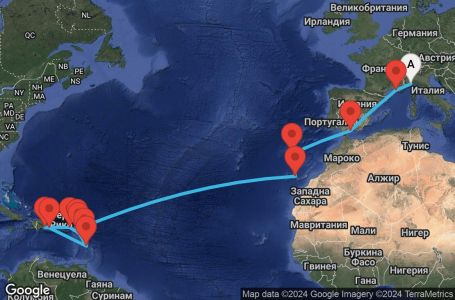 Маршрут на круиз 22 дни Италия, Франция, Испания, Португалия, Холандски Антили, Мартиника, Гваделупа, Сейнт Китс и Невис, Британски вирджински острови, Доминиканска република - SVN22A0H