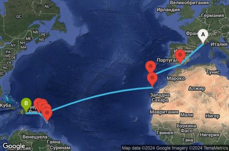 Маршрут на круиз 17 дни Франция, Испания, Португалия, Холандски Антили, Мартиника, Гваделупа, Сейнт Китс и Невис, Британски вирджински острови, Доминиканска република - MRS17A0E