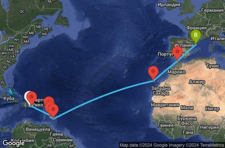 Маршрут на круиз 17 дни Доминиканска република, Мартиника, Гваделупа, Сейнт Лусия, Барбадос, Испания, Мароко - SDQ17A00