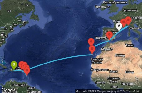 Маршрут на круиз 19 дни Испания, Италия, Франция, Португалия, Холандски Антили, Мартиника, Гваделупа, Сейнт Китс и Невис, Британски вирджински острови, Доминиканска република - BCN19A0U