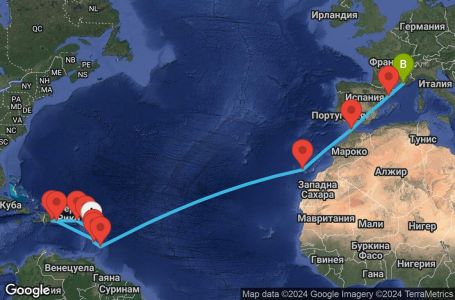 Маршрут на круиз 21 дни Гваделупа, Сейнт Китс и Невис, Британски вирджински острови, Доминиканска република, Мартиника, Сейнт Лусия, Барбадос, Испания, Мароко, Франция - PTP21A0B