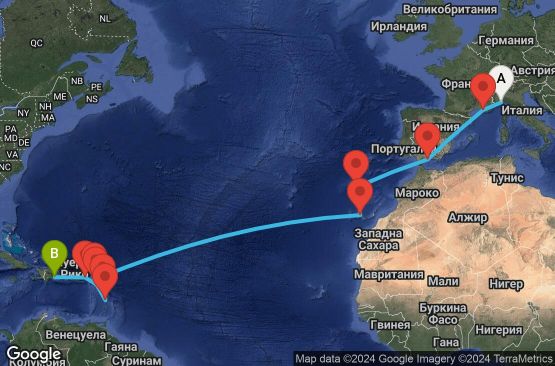 Маршрут на круиз 18 дни Италия, Франция, Испания, Португалия, Холандски Антили, Мартиника, Гваделупа, Сейнт Китс и Невис, Британски вирджински острови, Доминиканска република - SVN18A0H