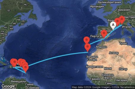 Маршрут на круиз 23 дни Испания, Италия, Франция, Португалия, Холандски Антили, Мартиника, Гваделупа, Сейнт Китс и Невис, Британски вирджински острови, Доминиканска република - BCN23A0H