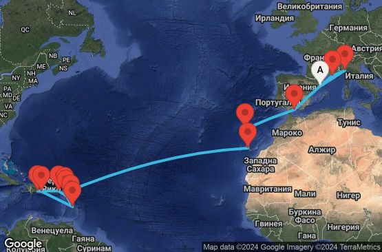 Маршрут на круиз 23 дни Испания, Италия, Франция, Португалия, Холандски Антили, Мартиника, Гваделупа, Сейнт Китс и Невис, Британски вирджински острови, Доминиканска република - BCN23A0H