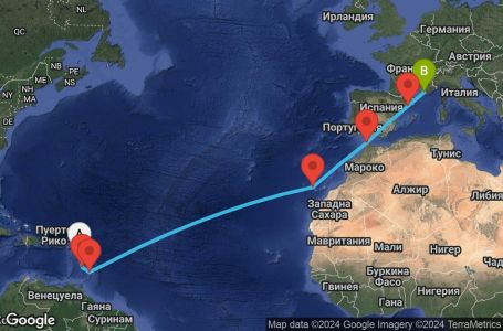 Маршрут на круиз 14 дни Гваделупа, Сейнт Лусия, Барбадос, Испания, Мароко, Франция - PTP14A3A