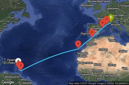 Маршрут на круиз 15 дни Гваделупа, Сейнт Лусия, Барбадос, Испания, Мароко, Франция, Италия - PTP15A04