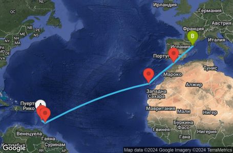 Маршрут на круиз 13 дни Гваделупа, Сейнт Лусия, Барбадос, Испания, Мароко - PTP13A04