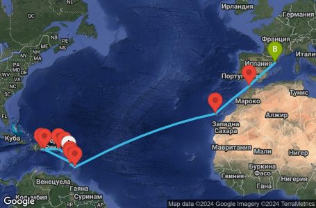 Маршрут на круиз 20 дни Гваделупа, Сейнт Китс и Невис, Британски вирджински острови, Доминиканска република, Мартиника, Сейнт Лусия, Барбадос, Испания, Мароко - PTP20A04