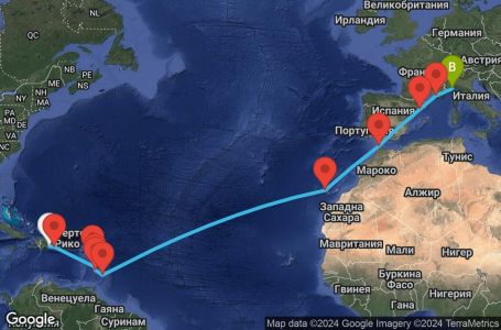 Маршрут на круиз 19 дни Доминиканска република, Мартиника, Гваделупа, Сейнт Лусия, Барбадос, Испания, Мароко, Франция, Италия - SDQ19A00