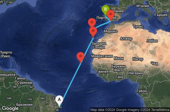 Маршрут на круиз 13 дни Бразилия, Кабо Верде, Испания, Португалия - MCZ13A00