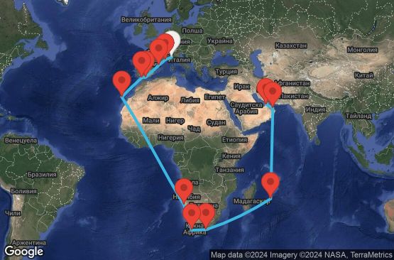 Маршрут на круиз 38 дни Италия, Франция, Испания, Намибия, Южна Африка, Мавриций, Оман, Обединени арабски емирства - SVN38A02
