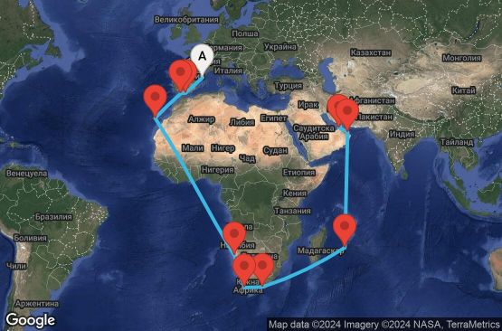 Маршрут на круиз 36 дни Испания, Намибия, Южна Африка, Мавриций, Оман, Обединени арабски емирства - BCN36A02