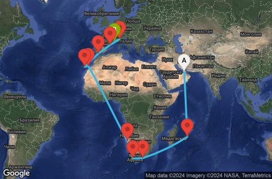 Маршрут на круиз 35 дни Обединени арабски емирства, Мавриций, Южна Африка, Намибия, Испания, Италия, Франция - DXB35A0B