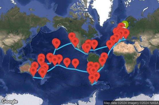 Маршрут на круиз 132 дни Италия, Франция, Испания, Гибралтар, Мароко, Кабо Верде, Бразилия, Аржентина, Фолкландски острови (Малвински), Чили, Великобритания, Френска Полинезия, Острови Кук, Нова Зеландия, Австралия, Нова Каледония, Вануату, Самоа, Американска Самоа, САЩ, Мексико, Коста Рика, Панама, Ямайка, Британски вирджински острови, Холандски Антили, Белгия, Германия - UWND