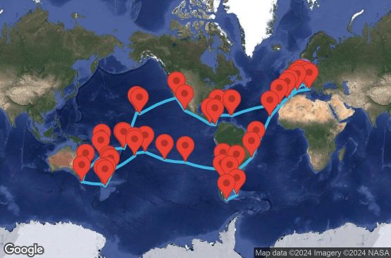 Маршрут на круиз 121 дни Италия, Франция, Испания, Гибралтар, Мароко, Кабо Верде, Бразилия, Аржентина, Фолкландски острови (Малвински), Чили, Великобритания, Френска Полинезия, Острови Кук, Нова Зеландия, Австралия, Нова Каледония, Вануату, Самоа, Американска Самоа, САЩ, Мексико, Коста Рика, Панама, Ямайка, Британски вирджински острови, Холандски Антили - UWNC