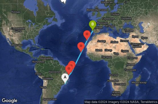 Маршрут на круиз 14 дни Бразилия, Кабо Верде, Испания, Португалия - RIO14A04