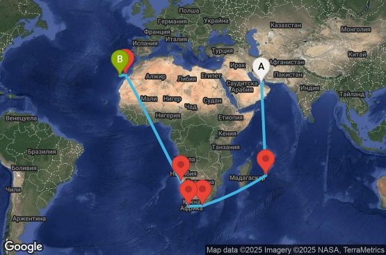 Маршрут на круиз 29 дни Обединени арабски емирства, Мавриций, Южна Африка, Намибия, Испания - DXB29A02