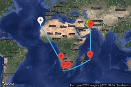 Маршрут на круиз 30 дни Испания, Намибия, Южна Африка, Мавриций, Оман, Обединени арабски емирства - TCI30A06