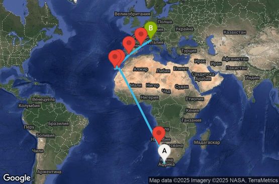 Маршрут на круиз 19 дни Южна Африка, Намибия, Испания, Италия - CPT19A02