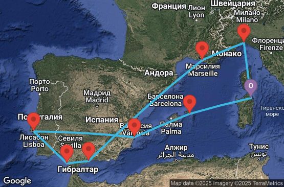 Маршрут на круиз Olbia,Genoa,Marseille,Malaga,Cadiz,Lisbon,Alicante,Mahon,Olbia - UWQN