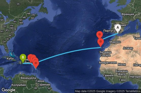 Маршрут на круиз 15 дни Испания, Португалия, Холандски Антили, Мартиника, Гваделупа, Сейнт Китс и Невис, Британски вирджински острови, Доминиканска република - AGP15A03