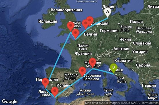 Маршрут на круиз Hamburg,Rotterdam,Zeebrugge,Le Havre,Southampton,Lisbon,Cadiz,Barcelona,Marseille,Civitavecchia - UWUH