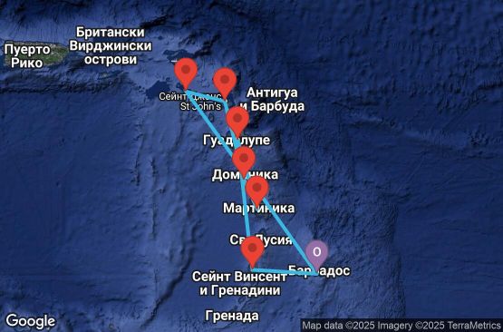 Маршрут на круиз 8 дни Барбадос, Сейнт Китс и Невис, Антигуа и Барбуда, Доминика, Мартиника, Гваделупа, Сейнт Винсент и Гренадини - UWVN