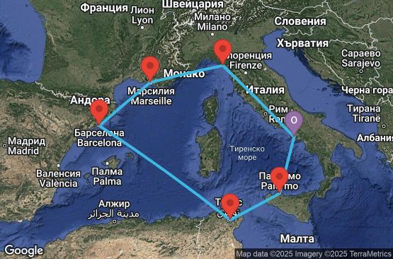 Маршрут на круиз 7 дни Италия, Тунис, Испания, Франция - UWTU