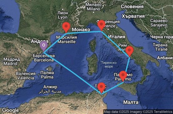 Маршрут на круиз 7 дни Испания, Тунис, Италия, Франция - UWSN